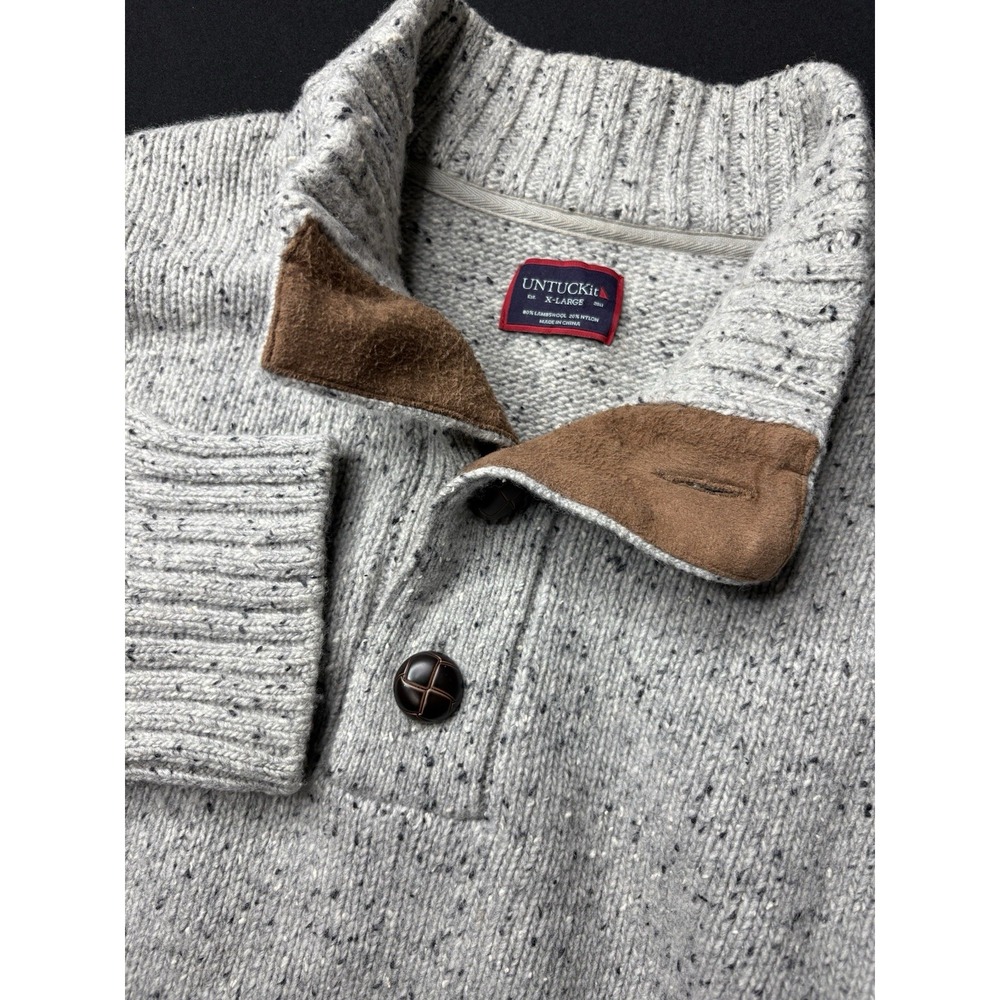 UNTUCKit Sweater Mens XL Grey Pullover Lambswool Mock Neck‎ Leather Buttons